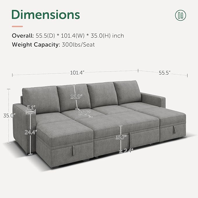 HONBAY Modular Sectional Sleeper Sofa Bed, Chenille Pull Out Couch with Storage Ottoman, U Shaped Sectional Couches for Living Room, Warm Grey