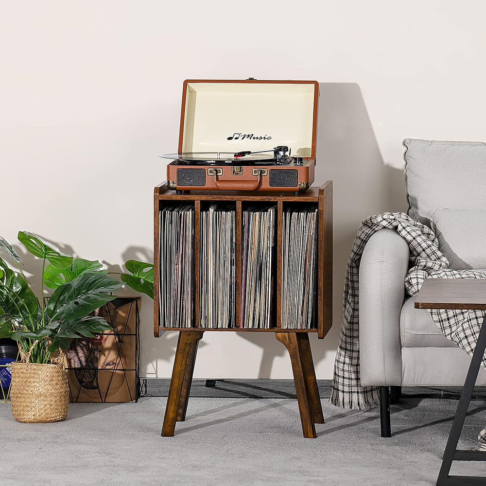 LELELINKY Small Record Player Stand, 4 Cabinet Vinyl Storage Table, Brown | W...