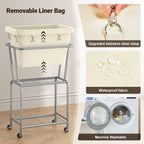 ELYKEN Laundry Cart with Wheels, Rolling Laundry Hamper with Removable Bag and Shelf, Metal Frame Laundry Basket with 4 Casters and 2 Brakes, Ideal for Bedroom, Bathroom, Laundry Room, Cream