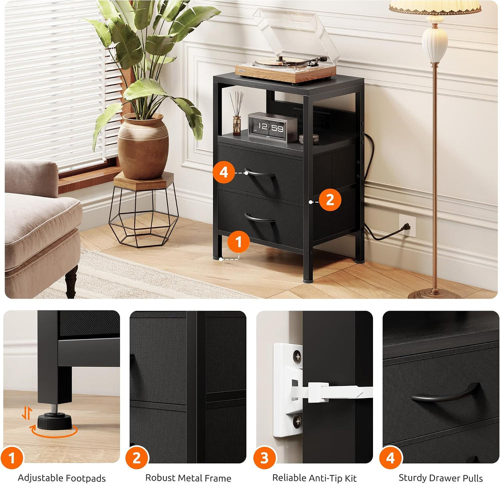 Lazzanto Night Stand with Charger Station for Bedroom, Black Nightstand | Bed...