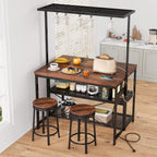 Industrial Kitchen Island with Storage & Power Outlet – 3-Tier Bakers Rack Coffee Bar Station, Heavy Duty Steel Frame, Spacious Prep Table with Shelves & 5 Hooks for Small Spaces, Dining, Living Room