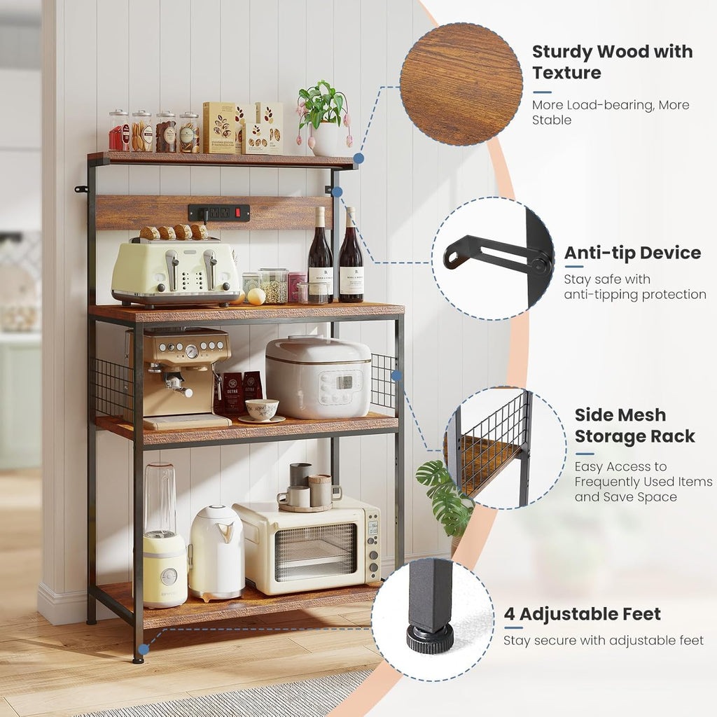 DUMOS Small Bakers Rack with Power Outlet for Kitchen Storage, 23.6" Microwave Stand, Appliance Organizer with 3 Adjustable Tiers for Small Apartment, Coffee Station, Counter Space Saving, Brown