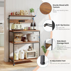 DUMOS Small Bakers Rack with Power Outlet for Kitchen Storage, 23.6" Microwave Stand, Appliance Organizer with 3 Adjustable Tiers for Small Apartment, Coffee Station, Counter Space Saving, Brown