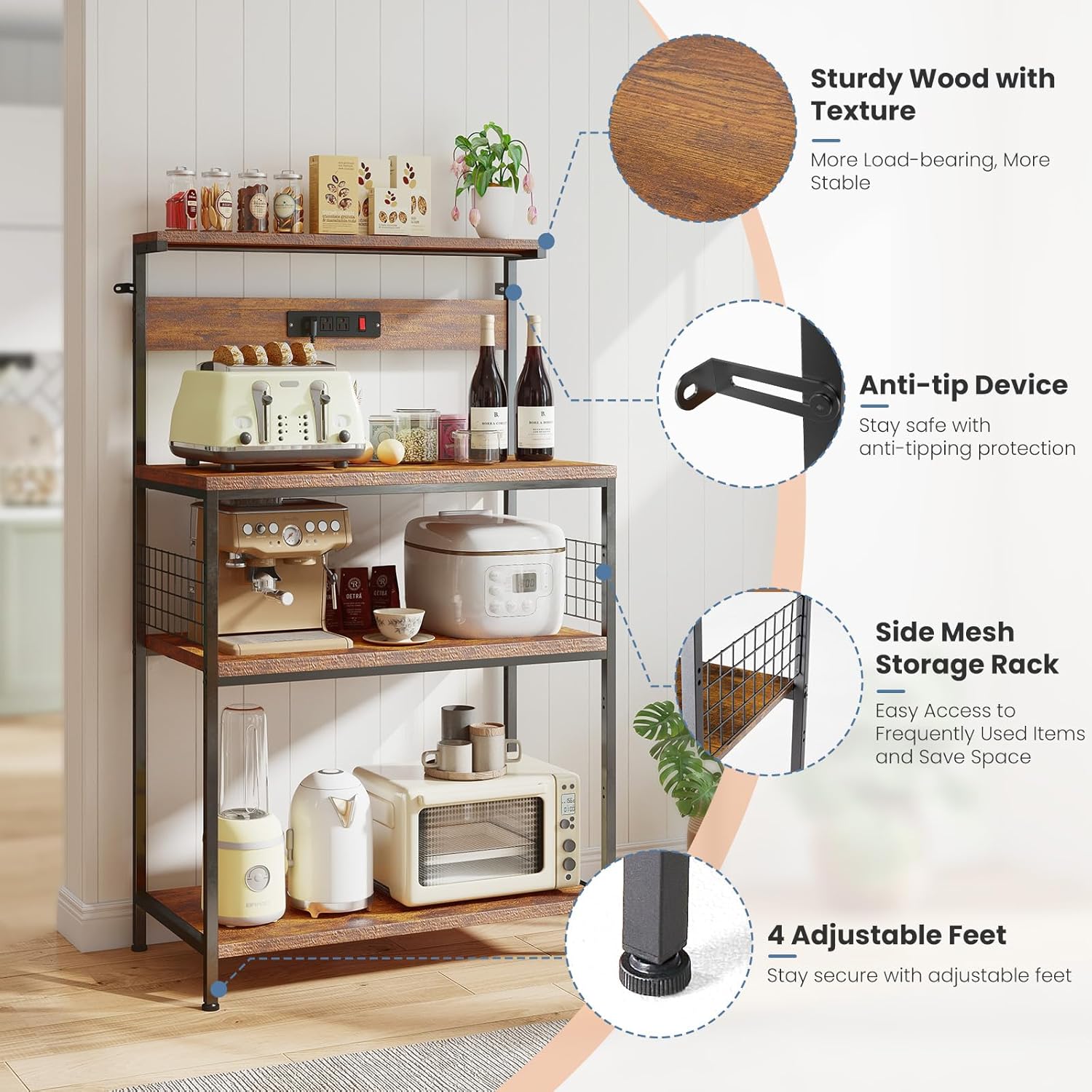 DUMOS Small Bakers Rack with Power Outlet for Kitchen Storage, 23.6" Microwave Stand, Appliance Organizer with 3 Adjustable Tiers for Small Apartment, Coffee Station, Counter Space Saving, Brown