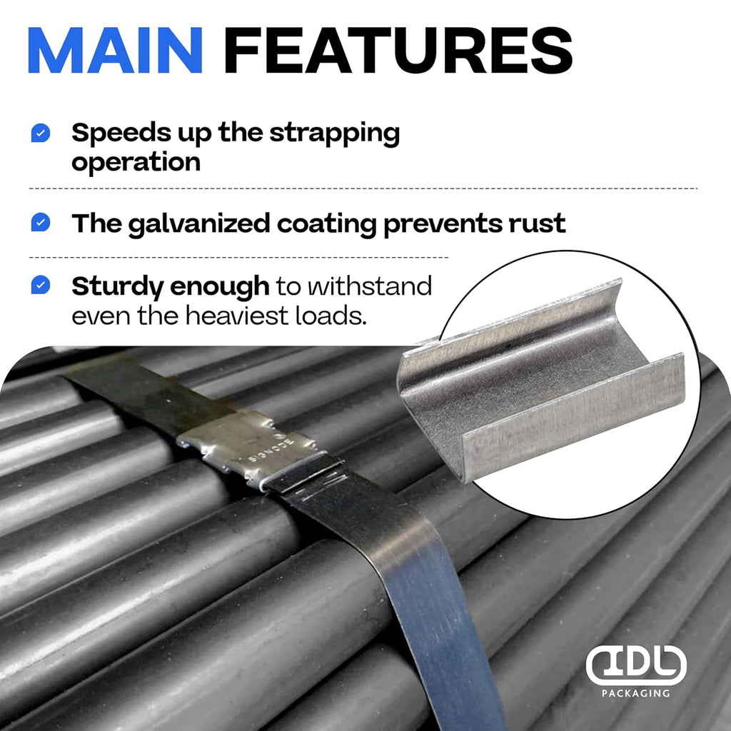 IDL Packaging Open (Snap-On) Seals for 1/2" Strap Width Steel Strapping (Pack of 100) - Superior Holding Power - Sturdy Metal Clips for Securing Heavy Packaging and Pallet Banding