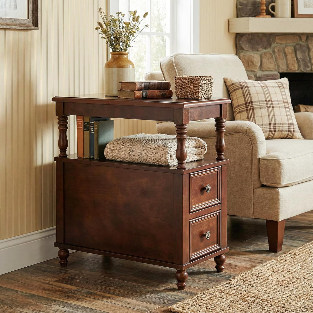 Tribesigns Wood End Table with 2 Drawers, Mid-Century Wooden Slim Side Table ...