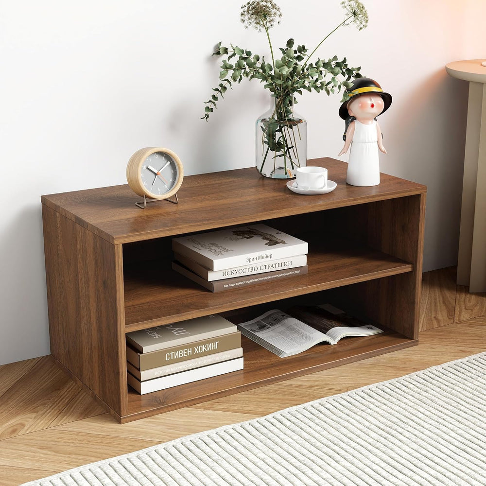 Walnut Stackable Storage Cabinet, 2 Tier Open Front Bookcase Organizer Shelf