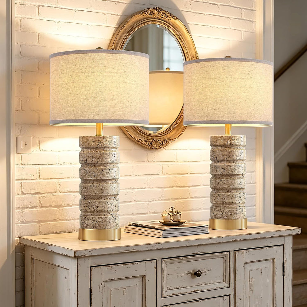 AIEAMPDO 26" Set of 2 Travertine Resin Table Lamps for Bedroom, Brass Base