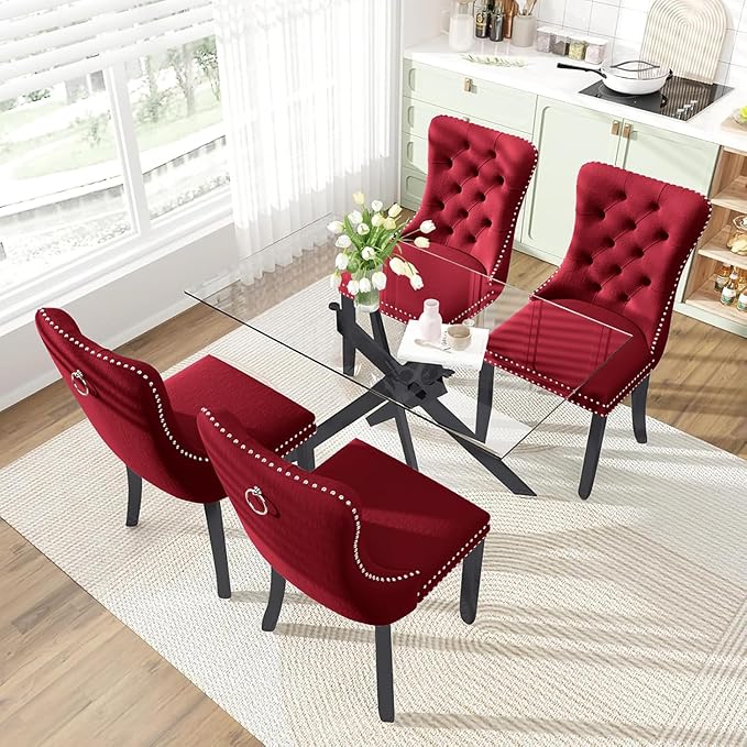 51 Inch Glass Dining Table Set for 4, Rectangular Glass Kitchen Table with 4 Upholstered Velvet Accent Chairs, 5 Piece Modern Dining Room Set, for Home, Apartment, Small Spaces - Red Black
