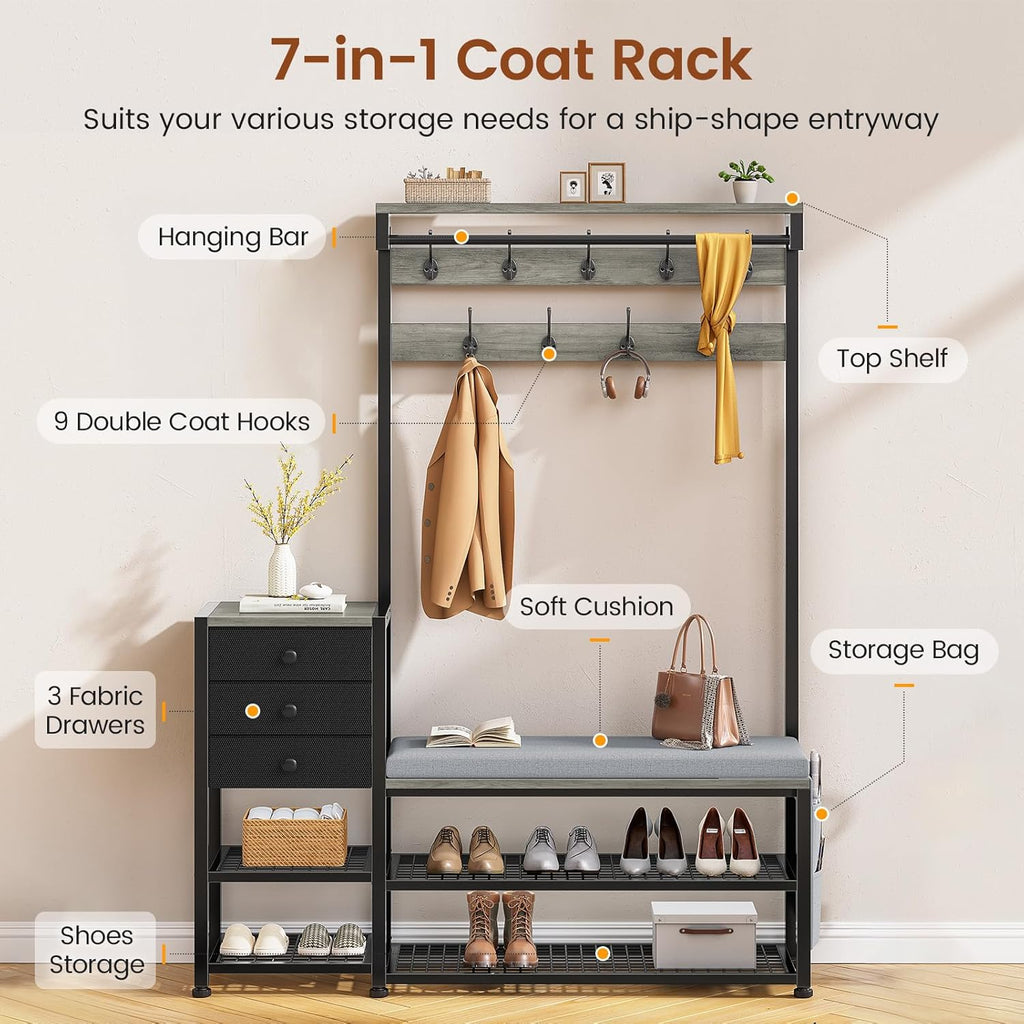 Itaar Coat Rack, Hall Tree with Bench and Shoe Storage, 7-in-1 Entryway Bench with Soft Cushion, Storage Bag, 3 Fabric Drawers(Grey)