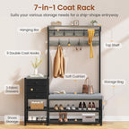 Itaar Coat Rack, Hall Tree with Bench and Shoe Storage, 7-in-1 Entryway Bench with Soft Cushion, Storage Bag, 3 Fabric Drawers(Grey)