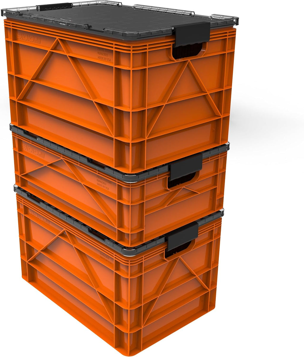 SIDIO Crate Pro Pack - 2 Full-Size & 1 Half-Size Heavy Duty Stackable Storage Bins, Totes and Containers with Lids and Dividers - Durable Plastic Organizer for Home, Office, Garage, and Outdoor Use