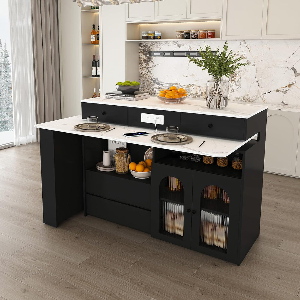 Flieks Kitchen Island with Extendable & Rotating Table, MDF with Marble V...