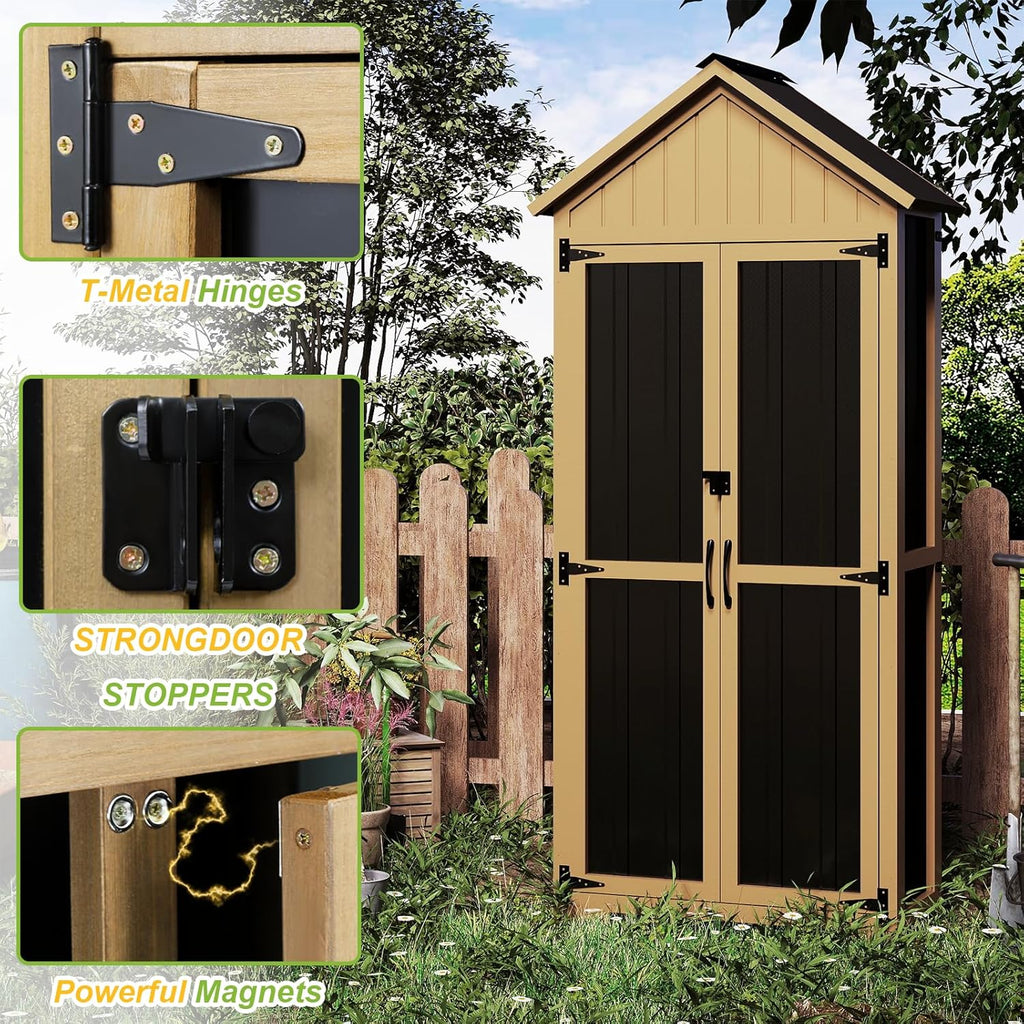 Outdoor Storage Cabinet with Shelf, Wood & Metal Storage Shed with Lockable Doors & Sloping Roof, Outdoor Cabinets for Patio Backyard, Garden Shed Tool Shed and Accessories, Brown