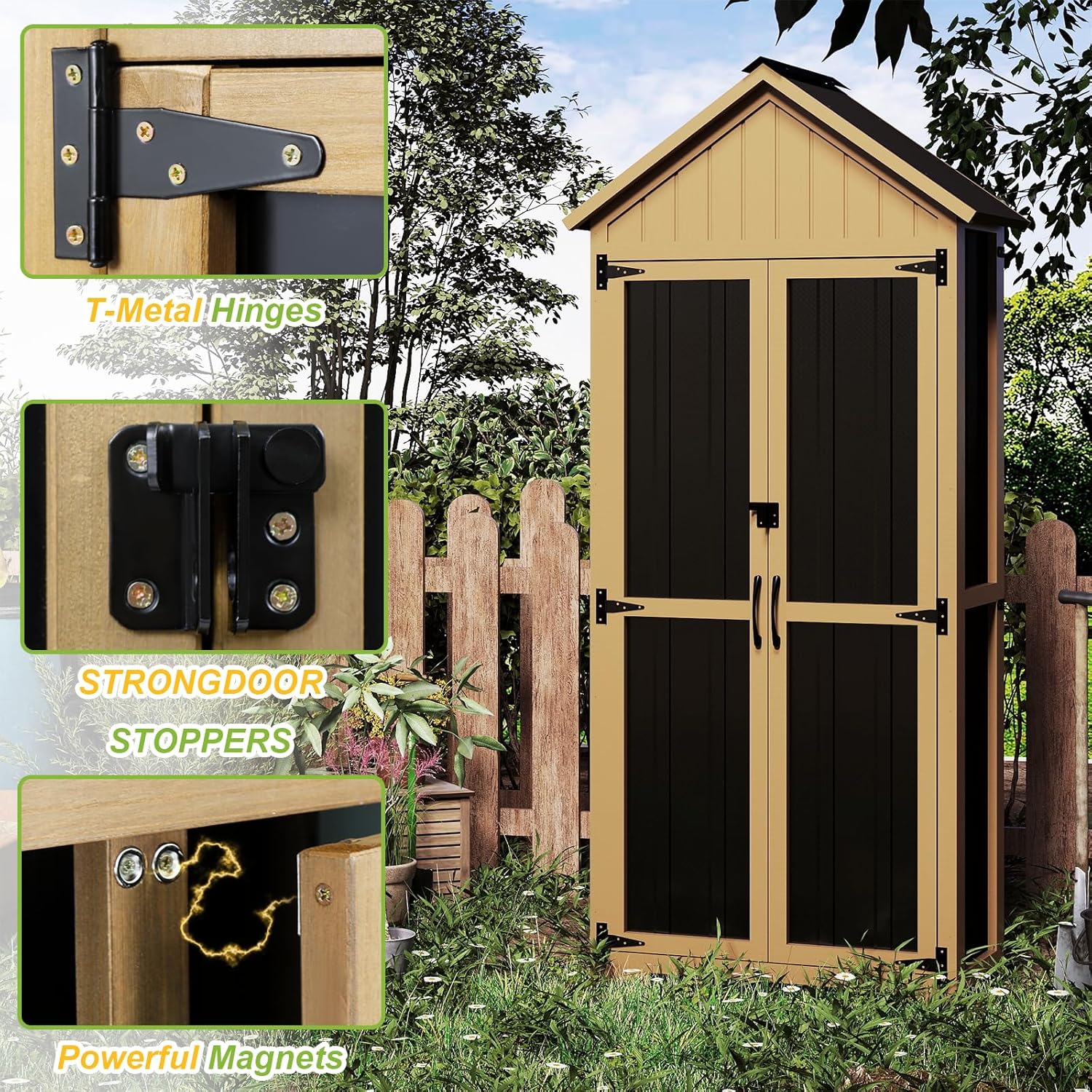 Outdoor Storage Cabinet with Shelf, Wood & Metal Storage Shed with Lockable Doors & Sloping Roof, Outdoor Cabinets for Patio Backyard, Garden Shed Tool Shed and Accessories, Brown