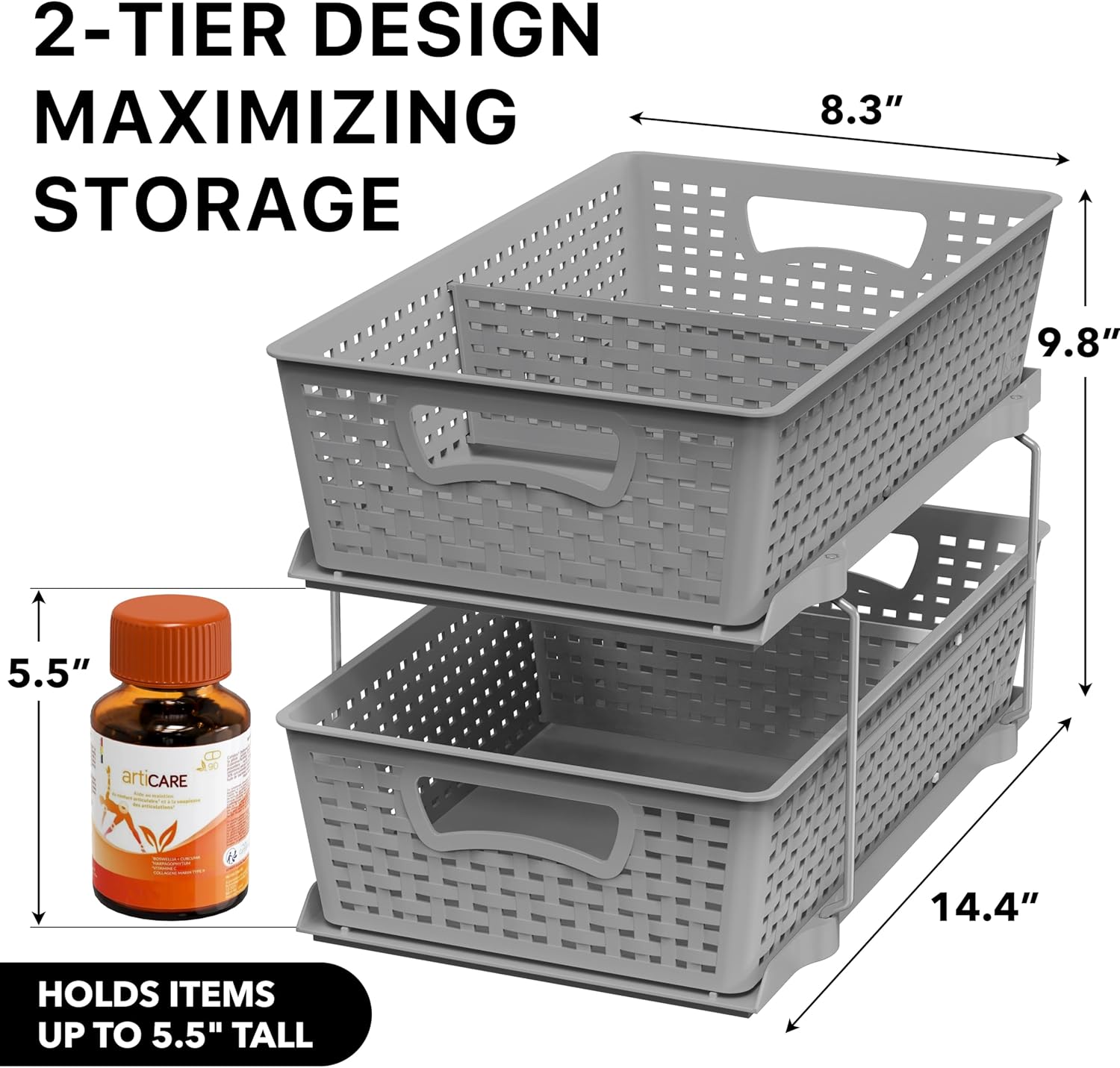 Simple Houseware 2 Tier Bathroom Organizer Tray Pull-Out Sliding Drawer, Under Sink Storage, Gray