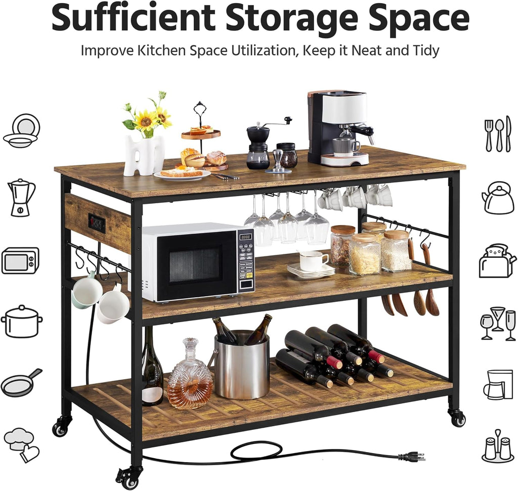 Yaheetech 47.5 Inches Kitchen Island with Storage, 3 Shelves, Rustic Brown | Rolling Kitchen Island With Power Outlet, Kitchen Island on Wheels with Wine Rack & Glass Holder & Hooks for Dining Room/Bar