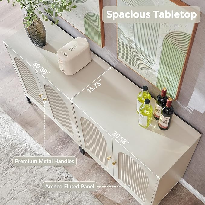 Modern TV Stands for 75 Inch TVs, 61.75‬"W Wood Entertainment Center w/Adjustable Shelves, Mid Century Modern TV Stand w/Arched Fluted Doors, Media Console Cabinet for Living Room, Cream