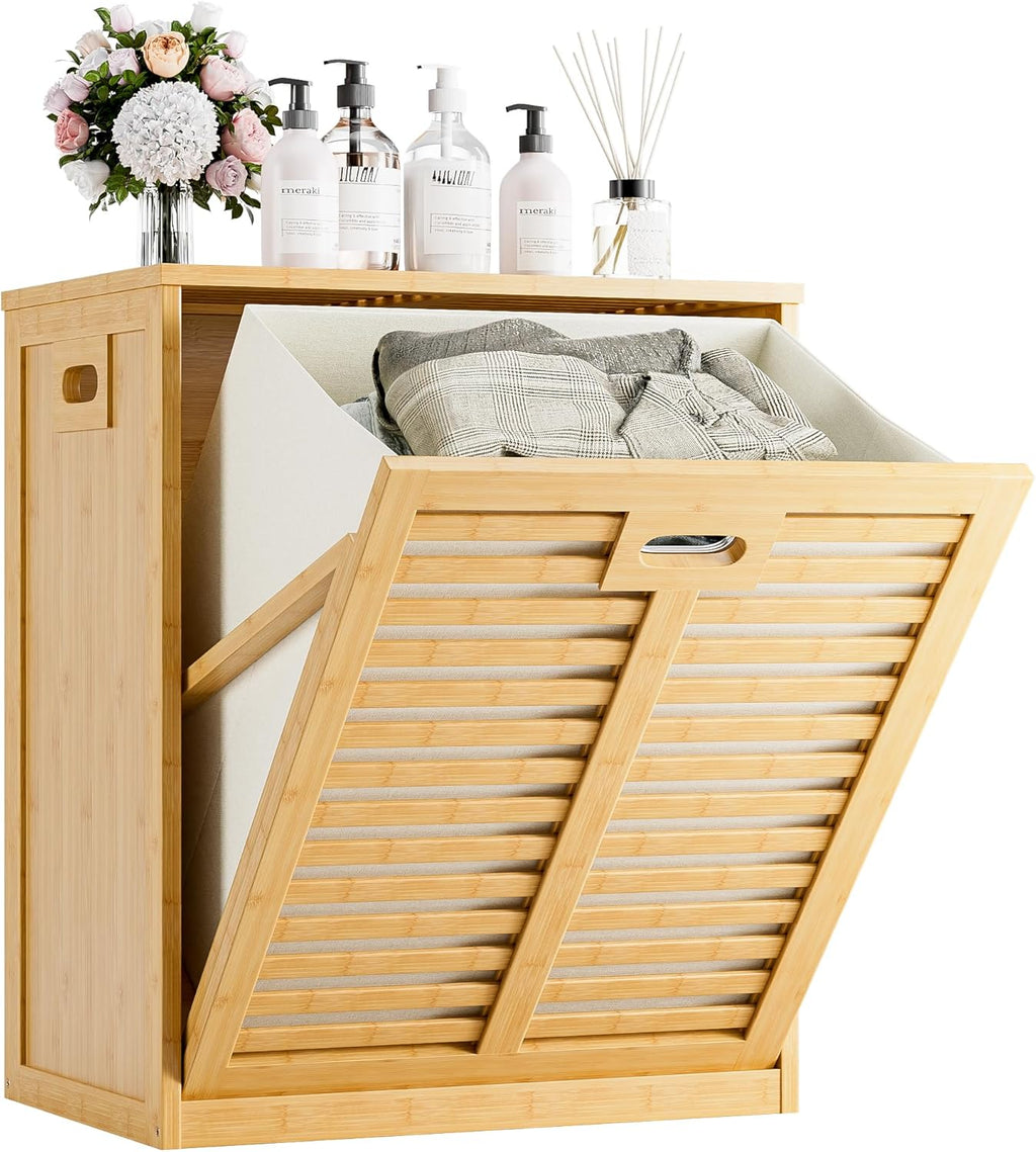 HITNET Tilt Out Laundry Hamper, Bamboo Laundry Cabinet with Hidden Removable Basket, Freestanding Clothes Storage organizer for Bedroom, Bathroom, Living Room, Natural