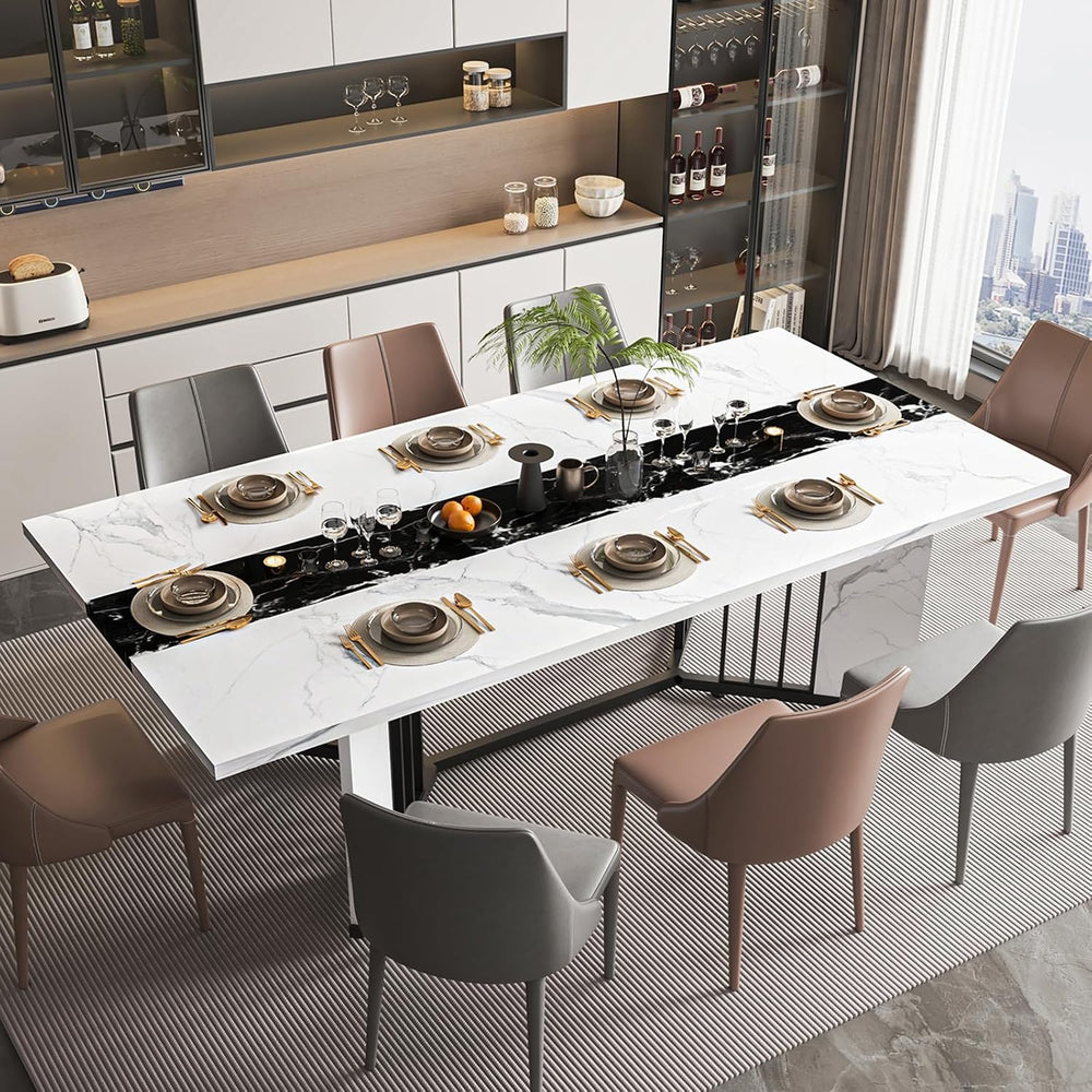 JassmiPkwy 71 Inch Dining Table for 6 8 10 People, Rectangular Faux Marble Ki...