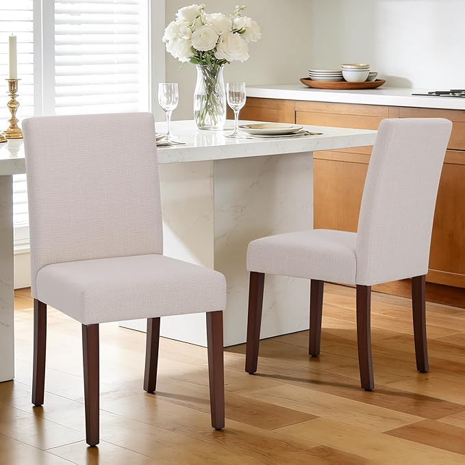 Upholstered Dining Chairs Set of 4 - Line Fabric Modern Farmhouse Kitchen Chairs,Mid-Back Dining Room Chairs with Wooden Legs