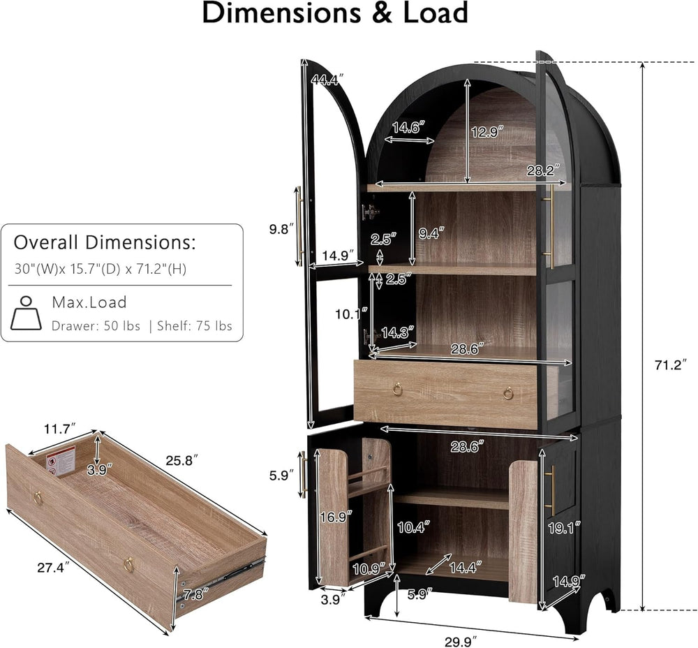 Arched Bookshelf Storage Cabinet with Glass Doors,71" Tall Kitchen Food ...