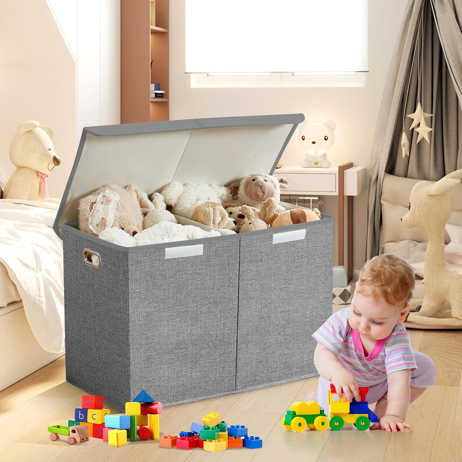 Large Toy Box with Flip-Top Lid, Collapsible Storage Organizer Bins with Dividers and Handles, Kids Bin Chest Baskets for Toys, Playroom Organizers, Nursery 25"x13" x16" (Gray)