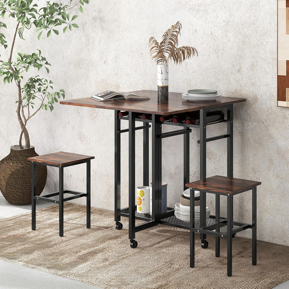 TANGZON 3 Piece Dining Table Set, Folding Drop Leaf Dining Table and 2 Stools...