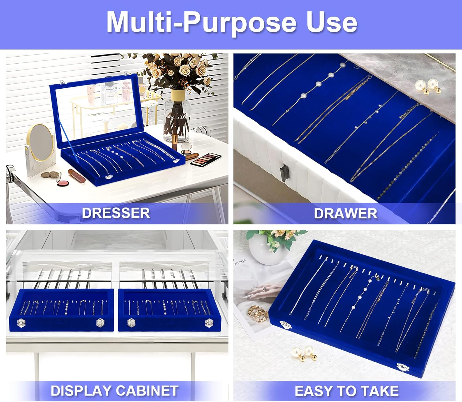 Jenseits Jewelry Display Box For Necklace Organizer, Velvet Necklace Storage Tray For Drawer, 20 Hooks Large Velvet Showcase Holder, Jewelry Organizer With Transparent Lid, Gifts For Her - Blue