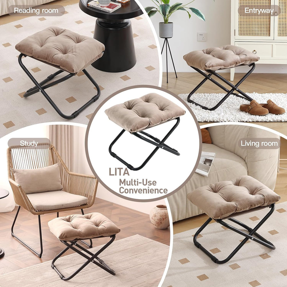 LITA Folding Footrest Stool, Portable Ottoman Foot Rest, Upholstered Small Fo...