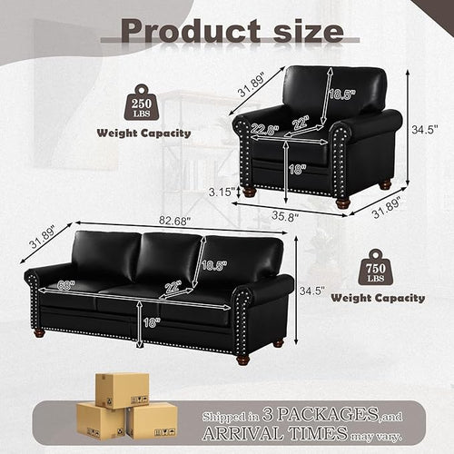 2 Piece Faux Leather Sofa Set,Modern Chair and Couch Sets with Storage,Mid Century Couch with Rivet Rolled Arm,Comfy Deep Seat Sofa,Furniture for Living Room,Office(Armchair+3 Seater,Black)