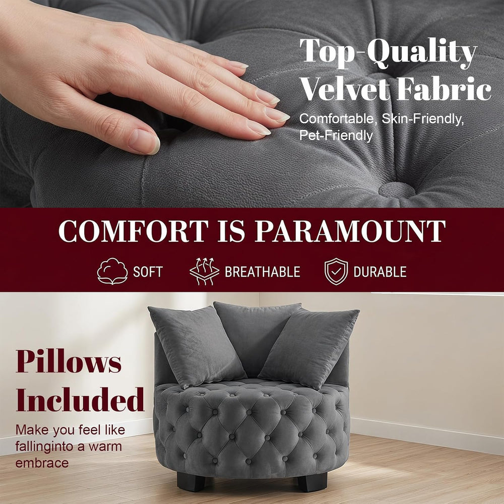 Upholstered Tufted Accent Barrel Chair with 3 Pillows, Contemporary Round Lou...