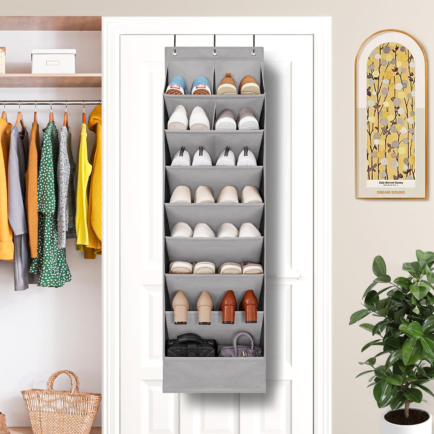 2 Pack Minimalist Grey Over the Door Shoe Organizer with 10 Pockets, Hanging Closet Storage Rack for Shoes, Sneakers, Accessories