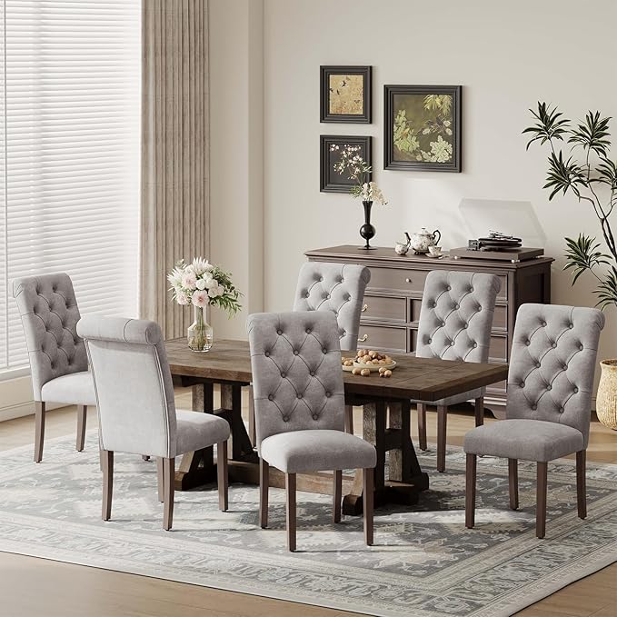 Upholstered Tufted Dining Room Chairs Set of 6, Parsons Kitchen Chairs with Padded Seat and Solid Wood Legs, Fabric Accent Side Diner Chair for Dining Room/Kitchen/Living Room, Light Grey