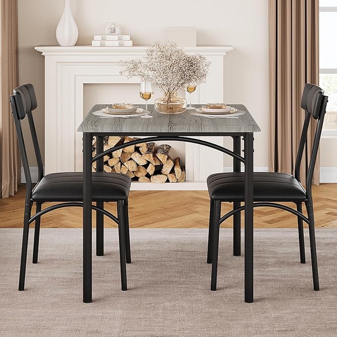 2-Person Dining Table Set (3 Pieces) - Square Kitchen Table with Upholstered Chairs | Ideal Small Space Dining Set for Apartments, Studios | Compact Kitchen Dining Set for 2 Adults/Kids