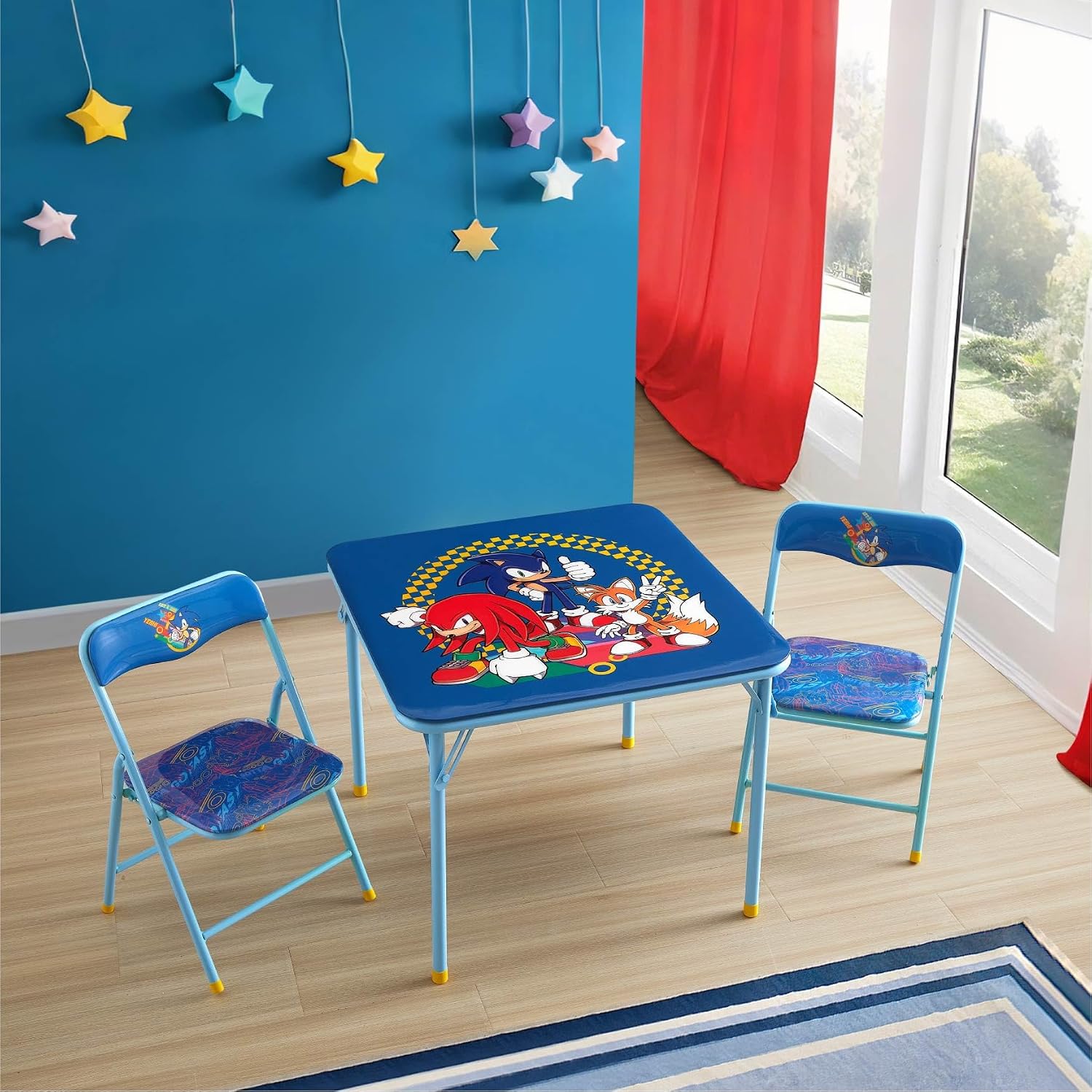 Sega Sonic The Hedgehog Kids Table and Chair Set, 3-Piece Square Table with 2 Folding Chairs for Playroom & Activities