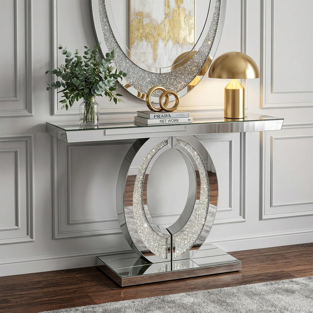39‘’ Modern Mirrored Console Table with Crushed Diamond, Shatter-Proof Packag...