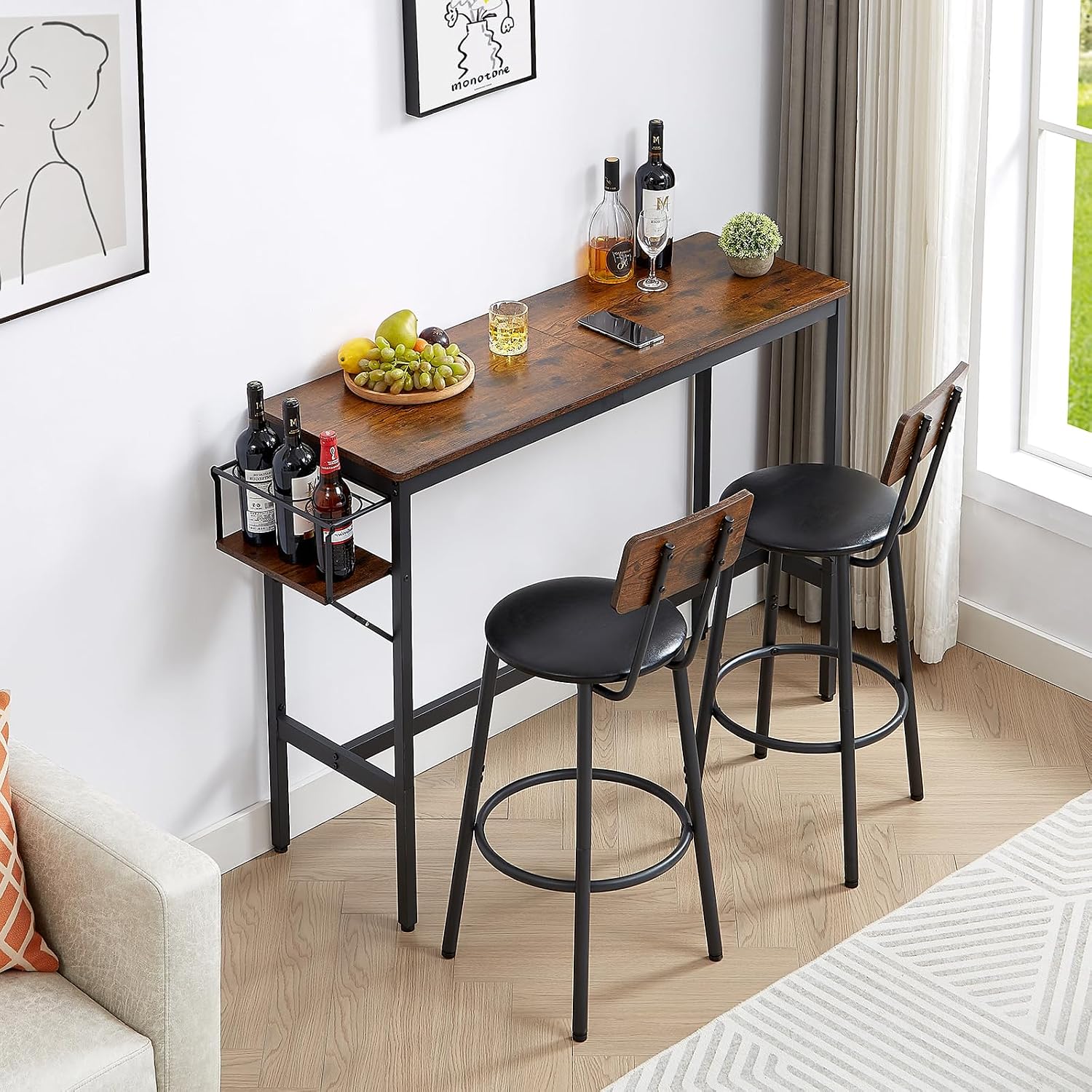 Bar Table Set with Wine Bottle Storage Rack. Rustic Brown,47.24'' L x 15.75'' W x 35.43'' H, One Size