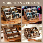 Rustic Wood CD Display Stand（Organizer 32 CDs）, 4-Tiered Tabletop CD Rack Storage Shelf Holds for CD Collection, Brown, Retro