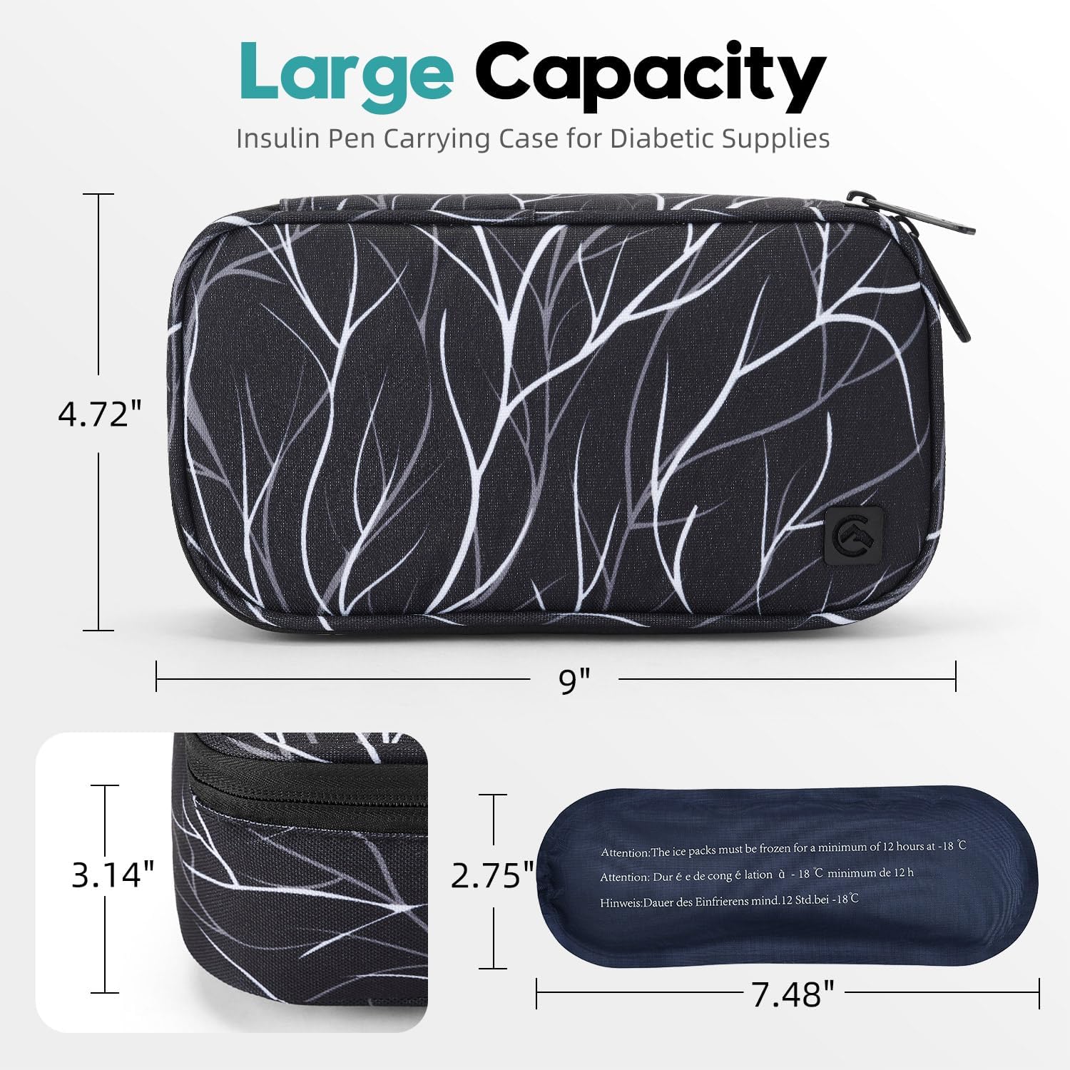 ALLCAMP Insulin Cooler Travel Case Diabetic Medication Cooler with 4 Ice Pack - Medical Cooler Bag Portable and Reusable Black White(9X 4.72x 3.14 inches)
