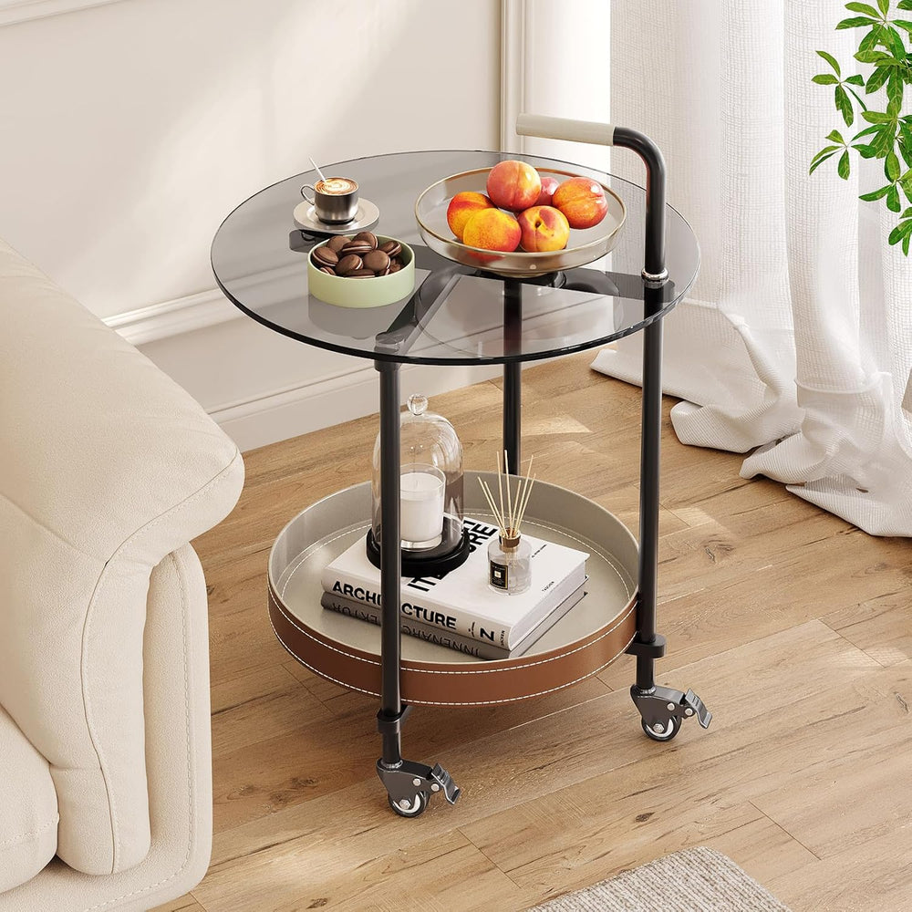 Sofa Side Table, 2-Tier Metal Frame Glass Top End Table on Wheels, Round Besi...
