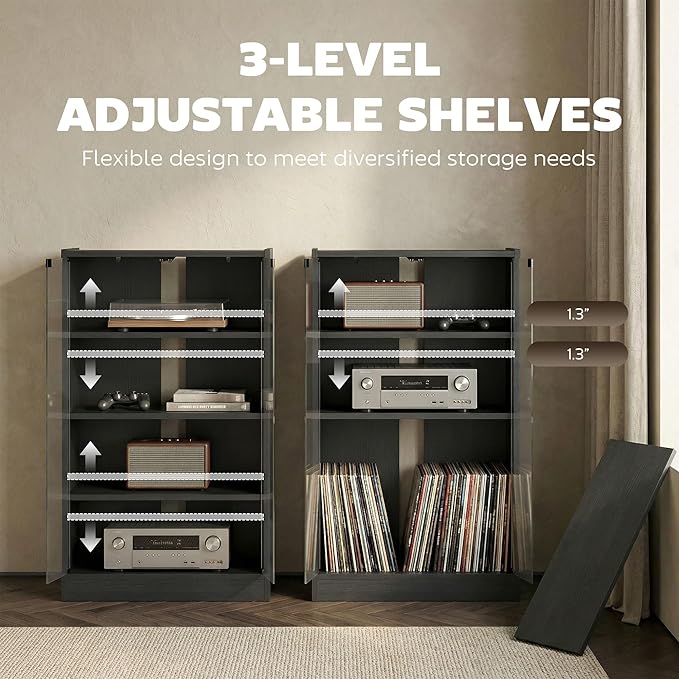 HOMCOM Media Cabinet, 4-Tier Stereo Cabinet for Vinyl Record Player, Gaming Console, AV Record Player Stand with Adjustable Shelves, Push-to-Open Glass Doors and Cable Management, Distressed Black