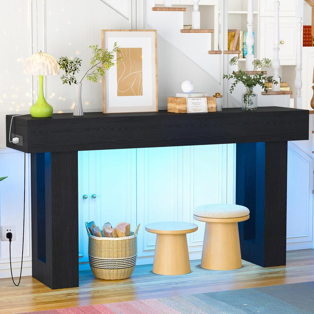 Depeht 63" Long Console Table with Power Outlet LED Lights, Wooden Farmh...