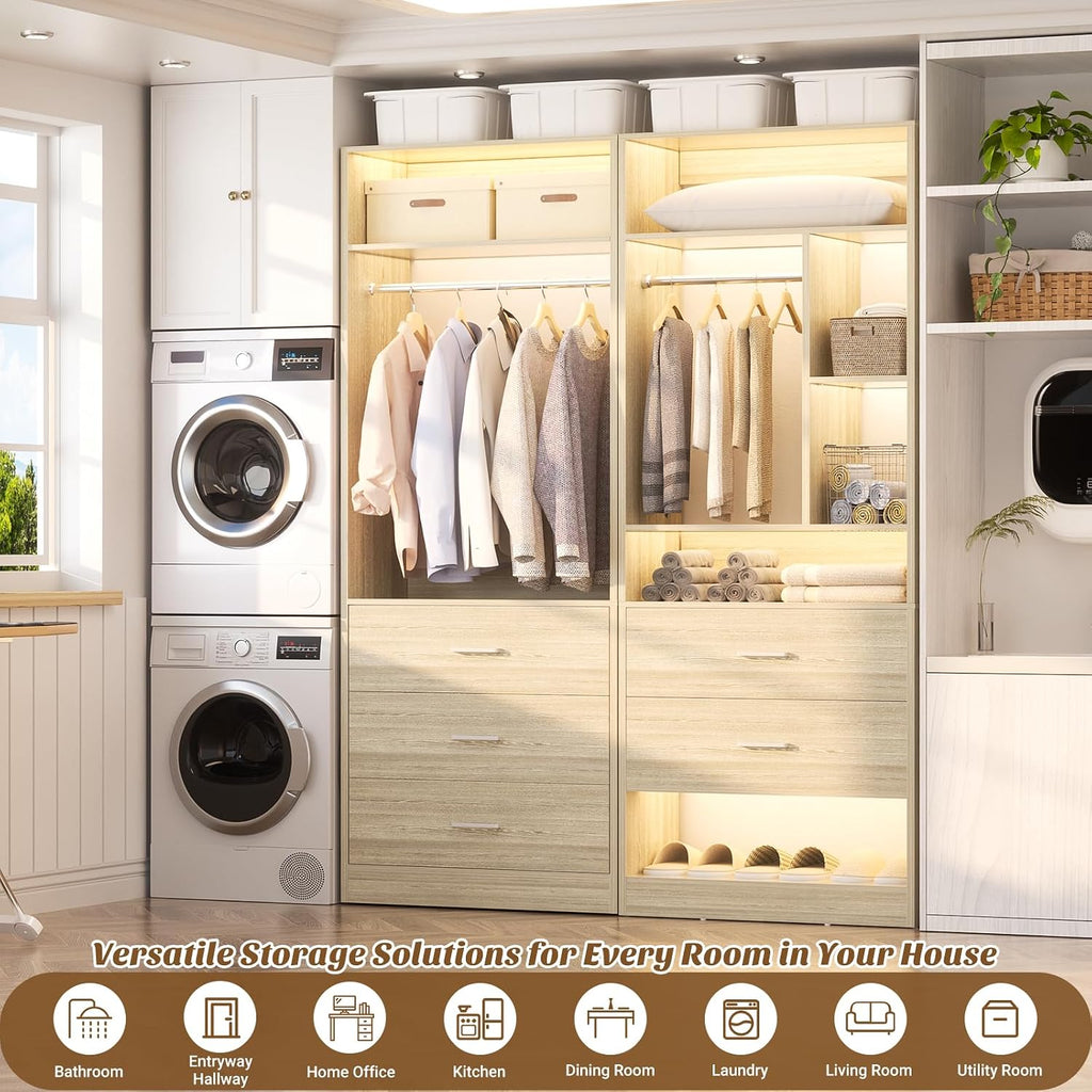 Besiost 4FT Closet Systems with 5 Drawers, 48" Closet Organizer System | Wood Closet Organizer with 2 Hanging Rods & 7 Shelves, Heavy Duty 48" Walk-in Closet, White Oak (48"L x 15" W x 80" H)