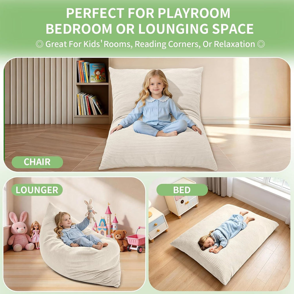 3-in-1 Kids Bean Bag Chair, Convertible Floor Cushion | Odor-Free Shredded Foam Resists Clumping, Removable Corduroy Cover, Cozy Lounge Seating for Bedrooms, Playrooms, Classrooms