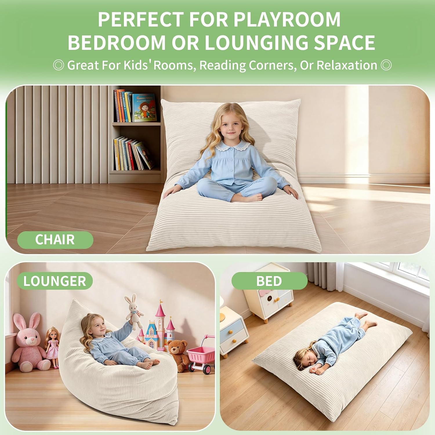 3-in-1 Kids Bean Bag Chair, Convertible Floor Cushion | Odor-Free Shredded Foam Resists Clumping, Removable Corduroy Cover, Cozy Lounge Seating for Bedrooms, Playrooms, Classrooms