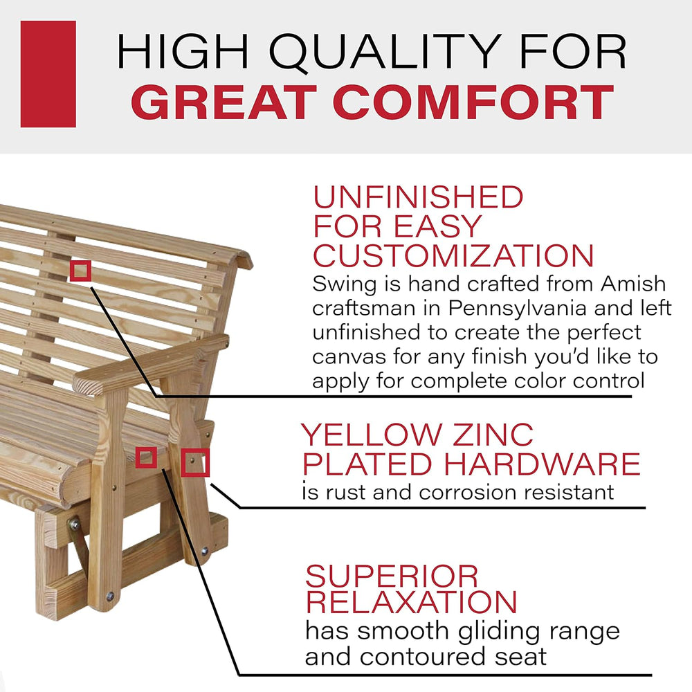 Amish Heavy Duty 800 Lb Roll Back Pressure Treated Porch Glider (4 Foot, Unfi...