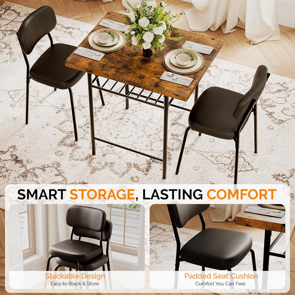 VINGLI Dining Table Set for 2, Small Kitchen Table Set with Upholstered Chairs, 3-Piece Dining Set with Storage Rack, Wood Dining Room Set with Metal Legs for Small Spaces, Living Room, Rustic Brown
