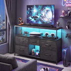 Romorgniz Black TV Stand for 45/50" TVs, 5 Deep Drawers&Led Lights&Outlets | Small Dresser For Bedroom&Studio,Strong Metal Frame For Stability,Spacious Shelves Display Collections&Keep Things Organized