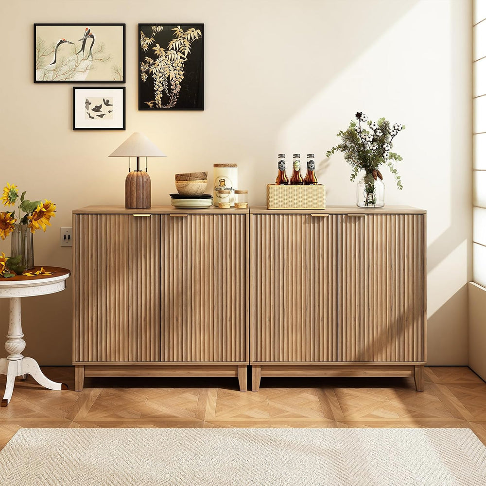 Fluted Accent Cabinet with Doors and Shelves Modern Wood Storage Cabinet for ...